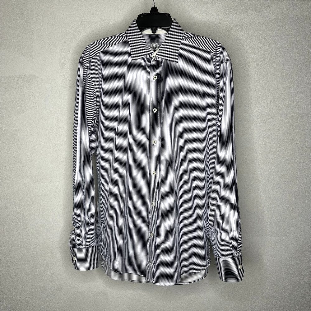 Bugatchi Uomo Shaped Fit Long Sleeve Button Up Navy White Stripe - Mens Medium
